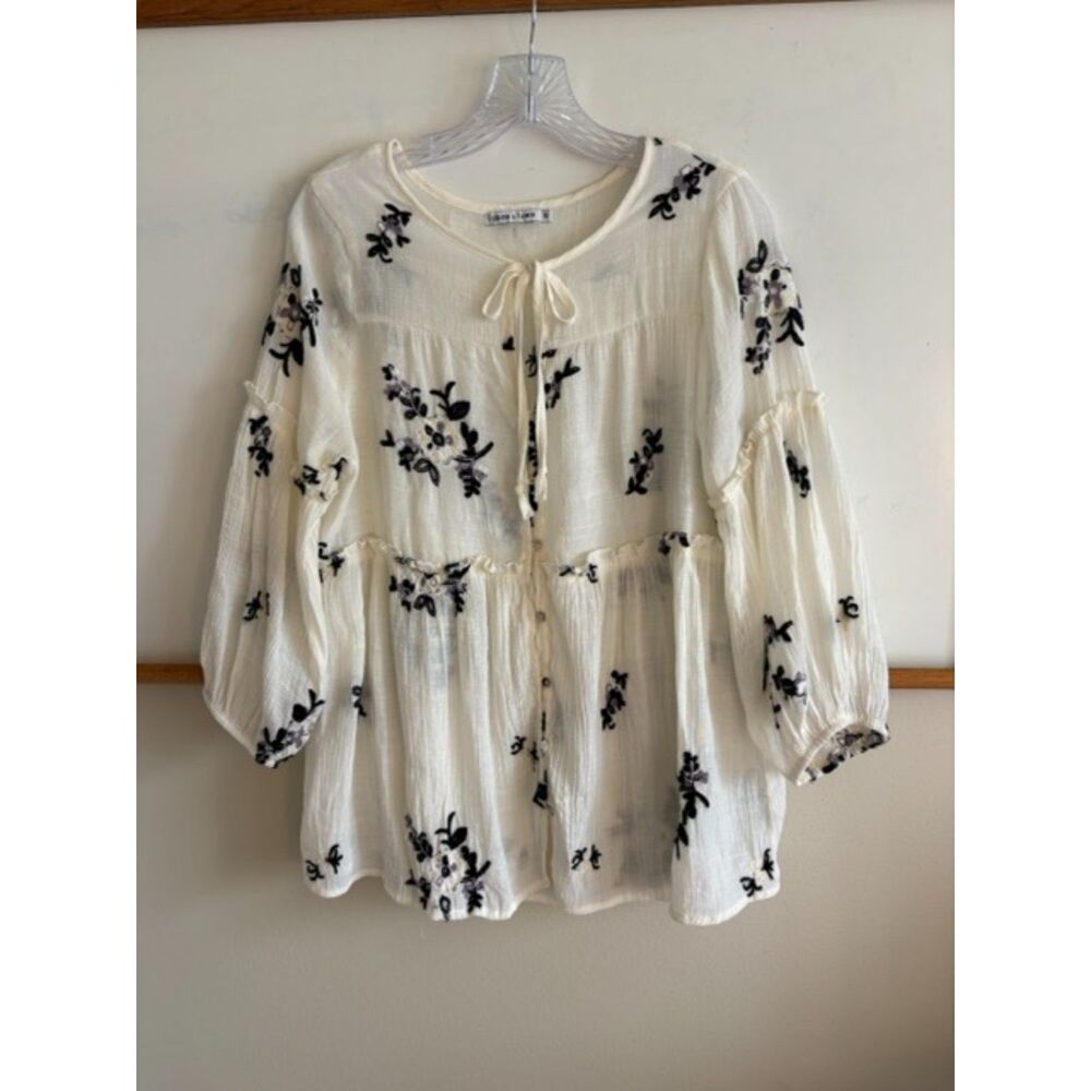 Figueroa & Flower Embroidered Peasant Blouse, Ivory Cottagecore Top, Size M